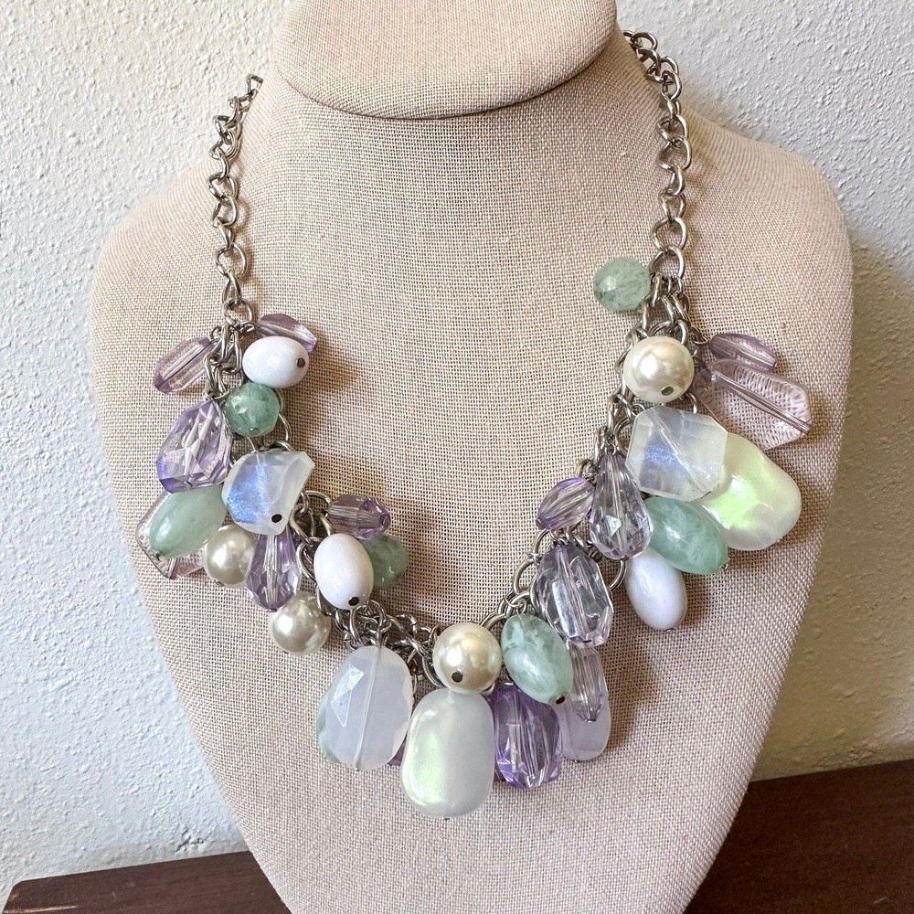 Pastel Beaded Statement Necklace Silver Chain Bib Seaglass Mermaid Y2K Chunky‎